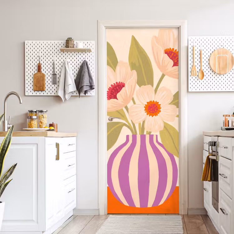 Bloemen - Vaas - Abstract - Paars - Oranje deurposter klein -sfeer5