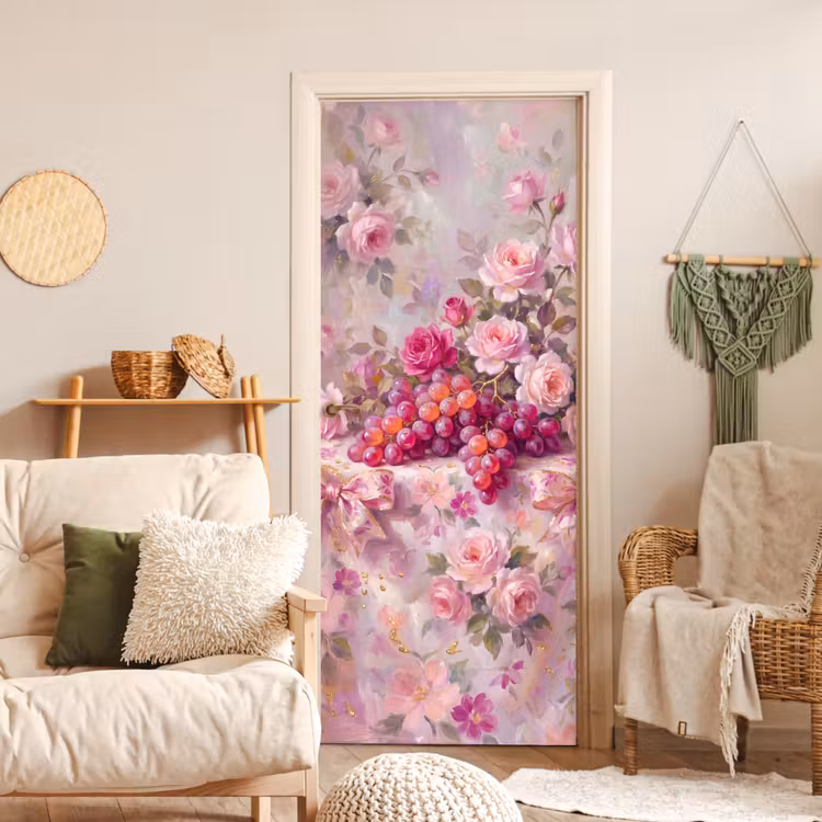 Eten - Bloemen - Stilleven - Roze - Goud deurposter klein -sfeer2