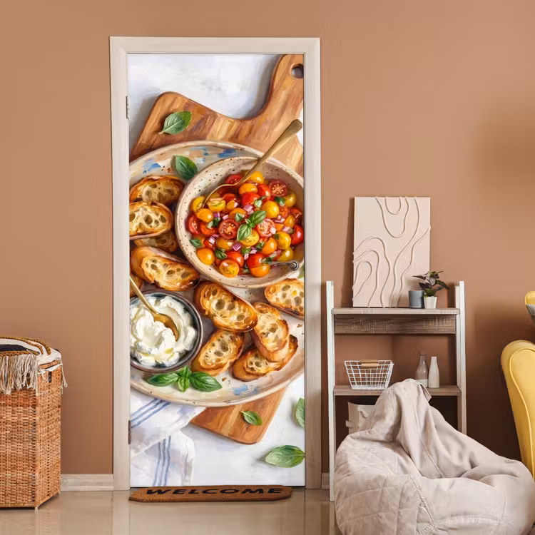 Eten - Tomaat - Brood - Kleurrijk - Keuken deurposter klein -sfeer1