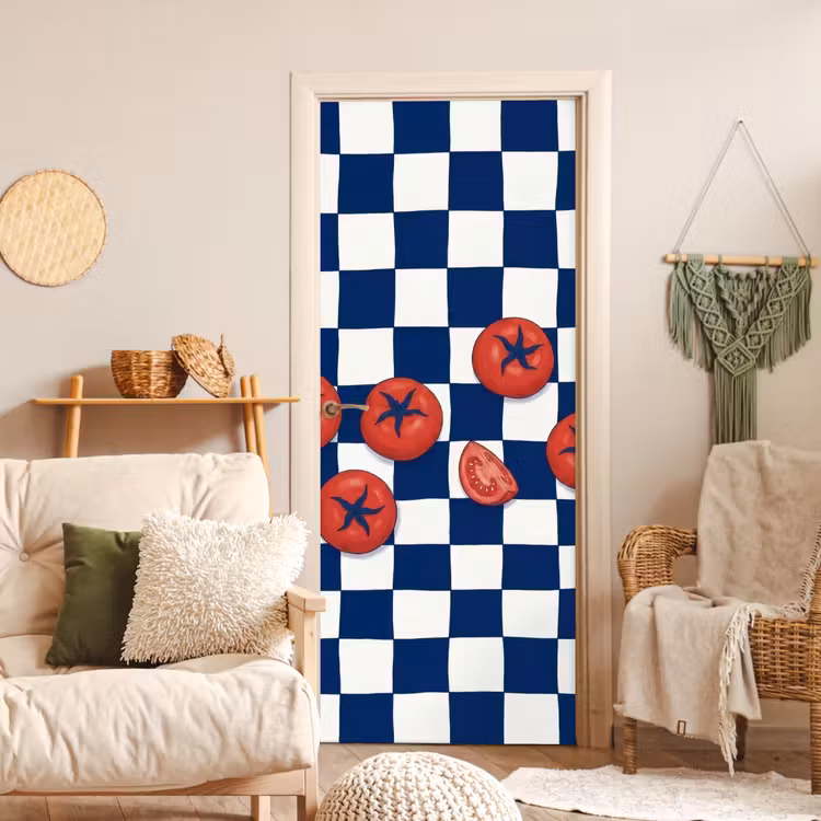 Eten - Tomaten - Keuken - Illustratie - Rood-Blauw deurposter klein -sfeer2