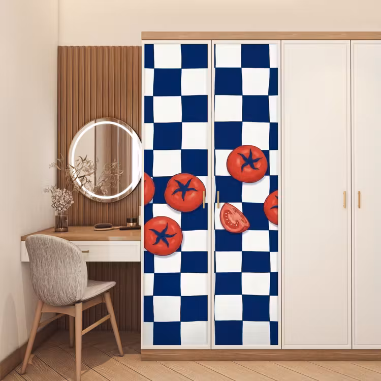Eten - Tomaten - Keuken - Illustratie - Rood-Blauw deurposter klein -sfeer3