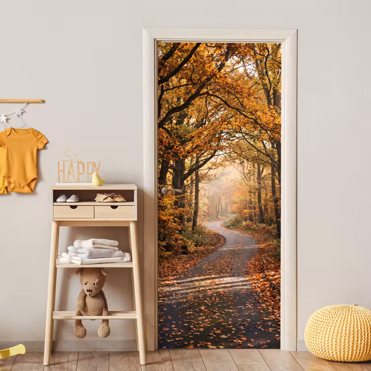 Bospad - Herfstbos - Bladeren - Oranje - Nostalgisch deurposter klein -sfeer4