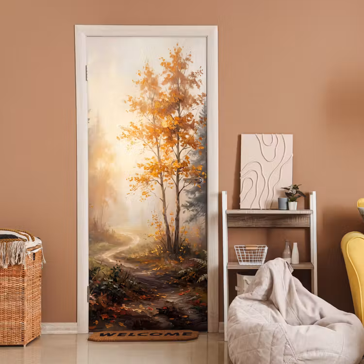 Bospad - Herfstbladeren - Natuur - Schilderachtig - Oranje deurposter klein -sfeer1