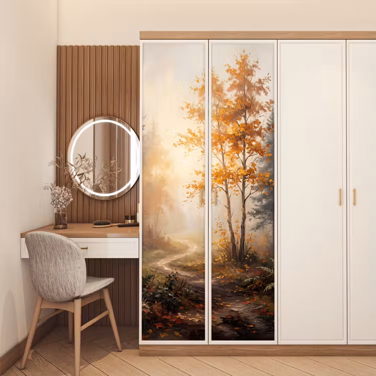 Bospad - Herfstbladeren - Natuur - Schilderachtig - Oranje deurposter klein -sfeer3