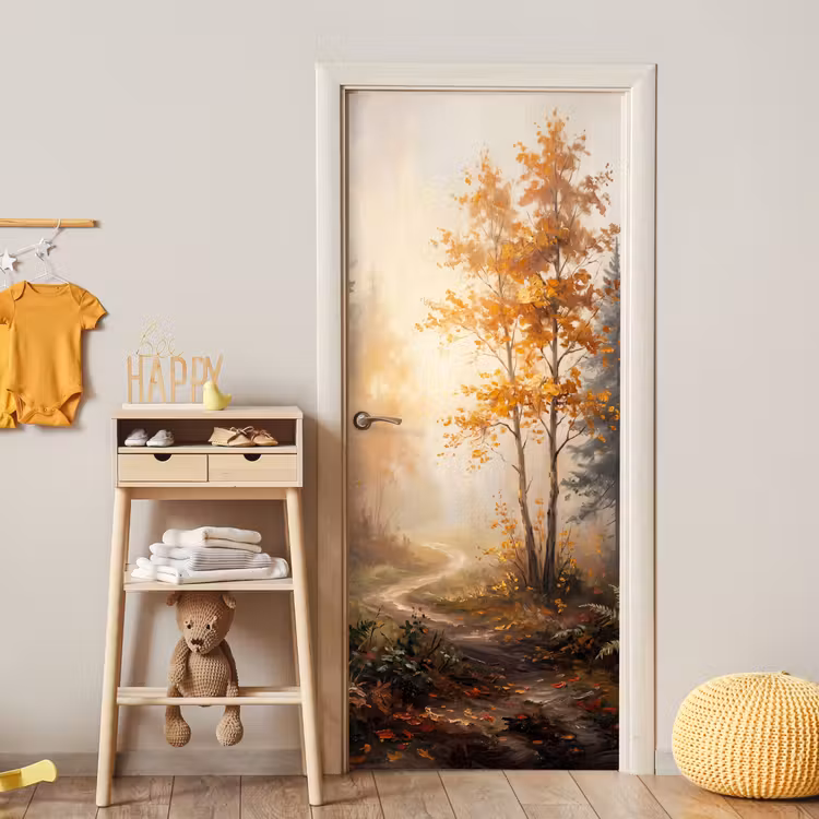 Bospad - Herfstbladeren - Natuur - Schilderachtig - Oranje deurposter klein -sfeer4