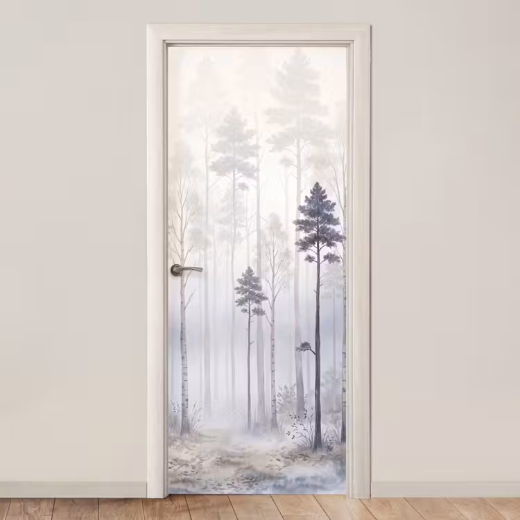 Bos - Bomen - Mist - Natuur - Illustratie - Grijs deurposter klein -3d_beige