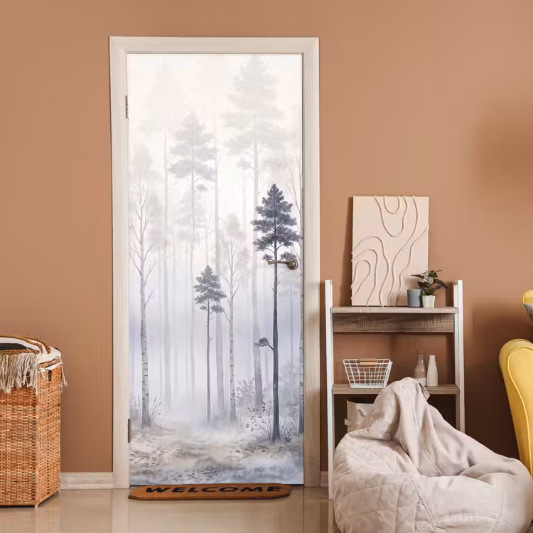 Bos - Bomen - Mist - Natuur - Illustratie - Grijs deurposter klein -sfeer1