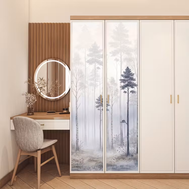 Bos - Bomen - Mist - Natuur - Illustratie - Grijs deurposter klein -sfeer3