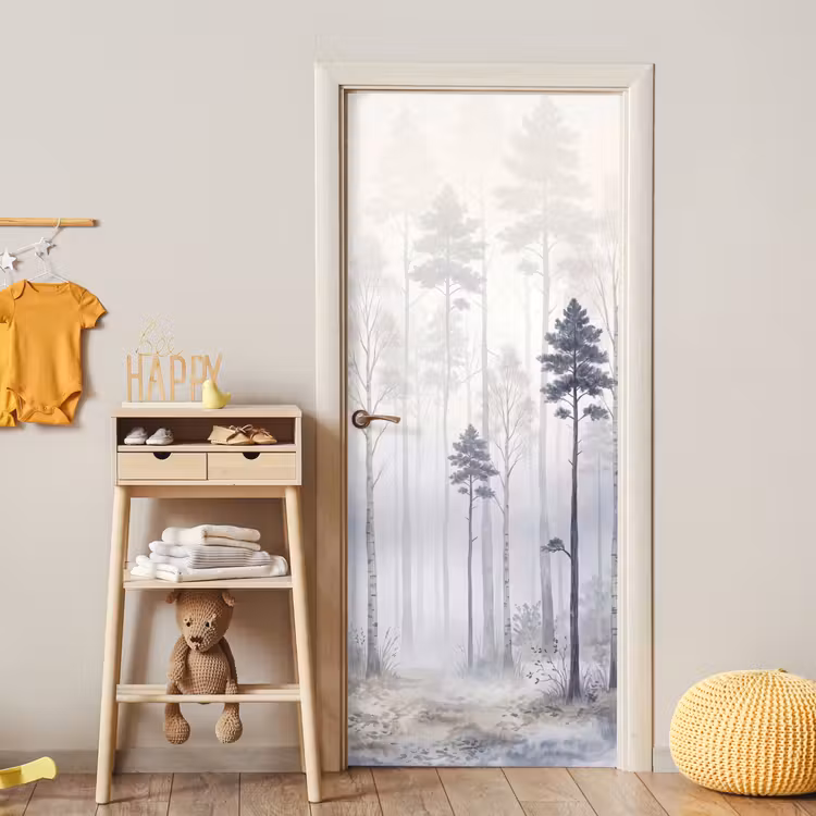 Bos - Bomen - Mist - Natuur - Illustratie - Grijs deurposter klein -sfeer4
