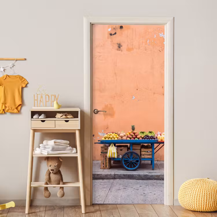 Door sticker - Fruit - Cart - Street - Fruit - Kar - Straat deurposter klein
