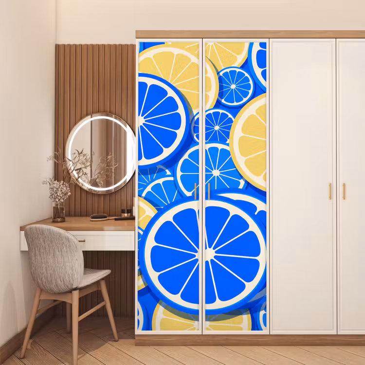 Fruit - Schijven - Patroon - Modern - Blauw - Geel deurposter klein -sfeer3