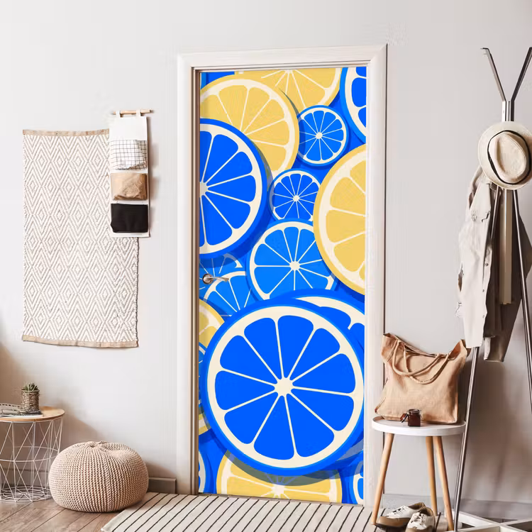 Fruit - Schijven - Patroon - Modern - Blauw - Geel deurposter klein -sfeer6