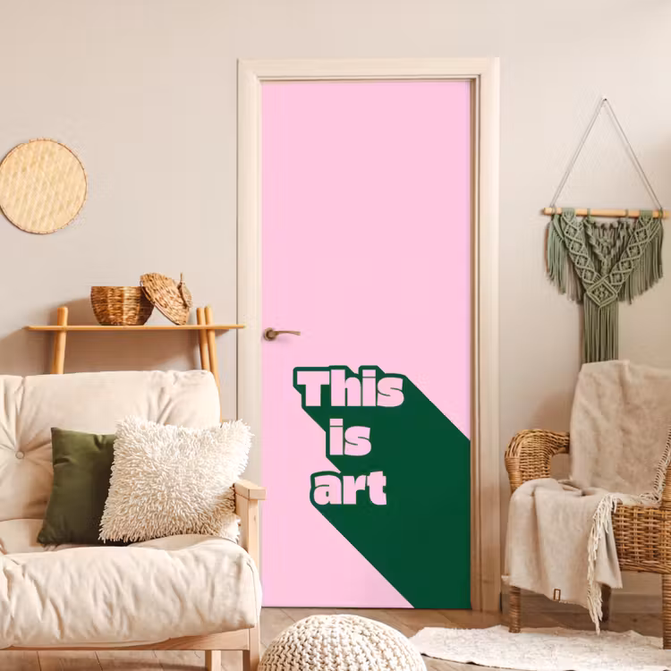 Groen - Teskt - This is art - Roze deurposter klein -sfeer2