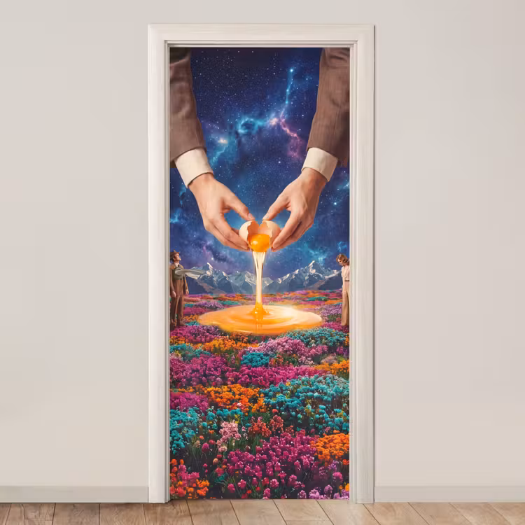 Door sticker - Hands - Egg - Surrealism - Handen - Ei - Surrealisme deurposter klein
