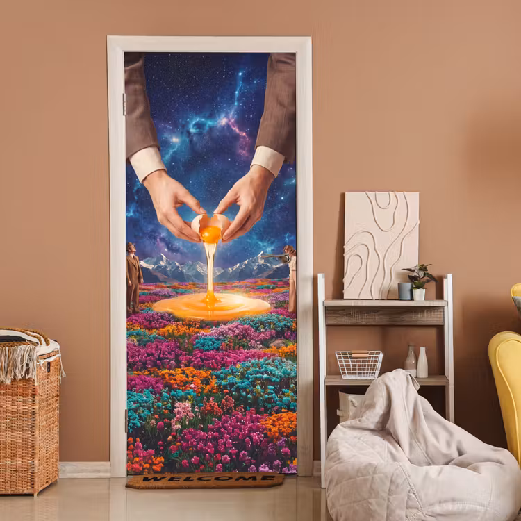 Door sticker - Hands - Egg - Surrealism - Handen - Ei - Surrealisme deurposter klein