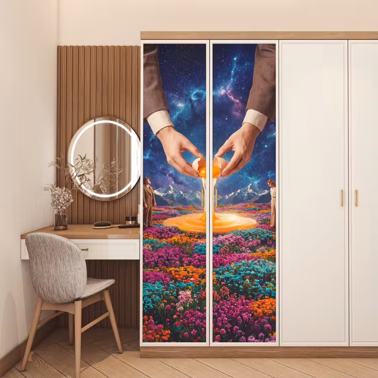 Door sticker - Hands - Egg - Surrealism - Handen - Ei - Surrealisme deurposter klein