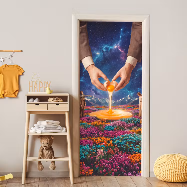 Door sticker - Hands - Egg - Surrealism - Handen - Ei - Surrealisme deurposter klein