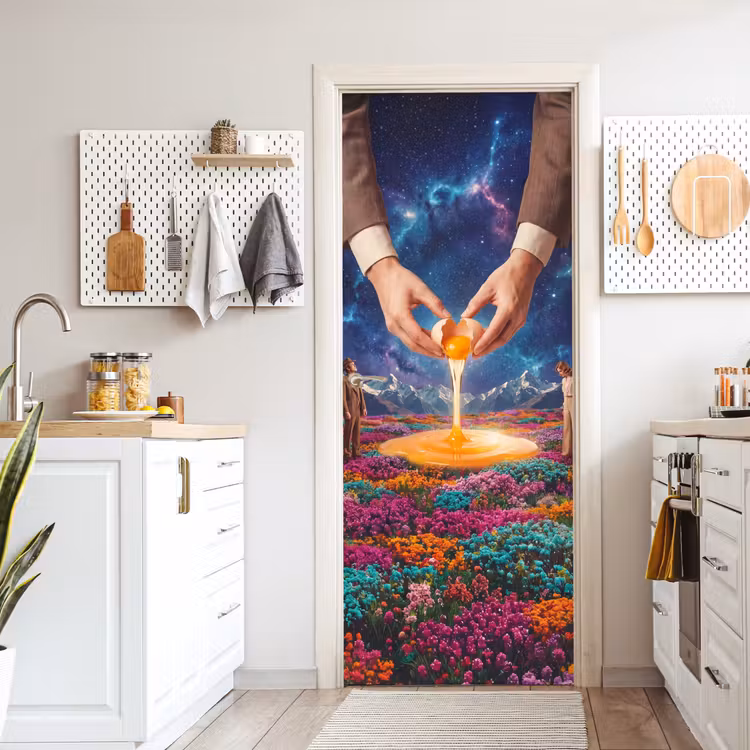 Door sticker - Hands - Egg - Surrealism - Handen - Ei - Surrealisme deurposter klein