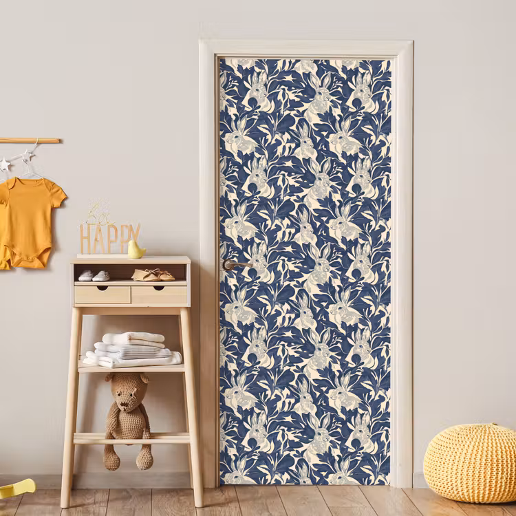 Hazen - Bladeren - Patroon - Blauw - Beige deurposter klein 289 -sfeer4