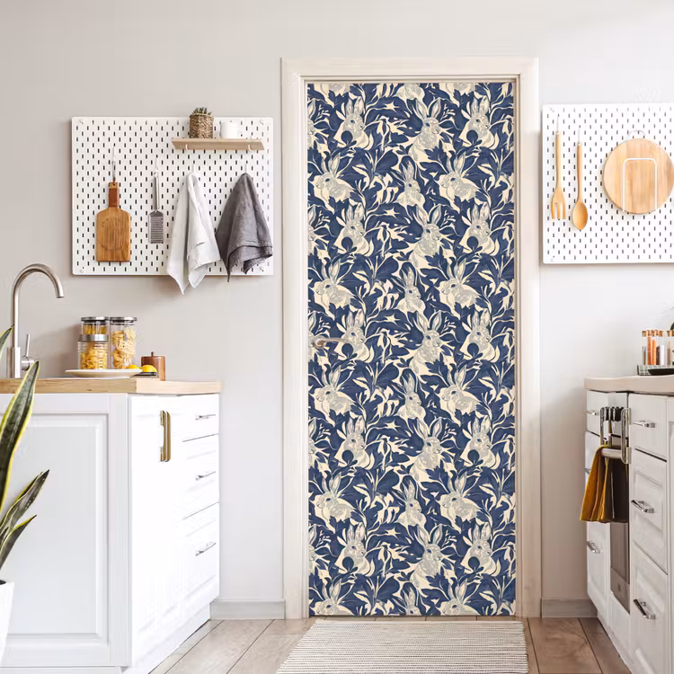 Hazen - Bladeren - Patroon - Blauw - Beige deurposter klein 289 -sfeer5