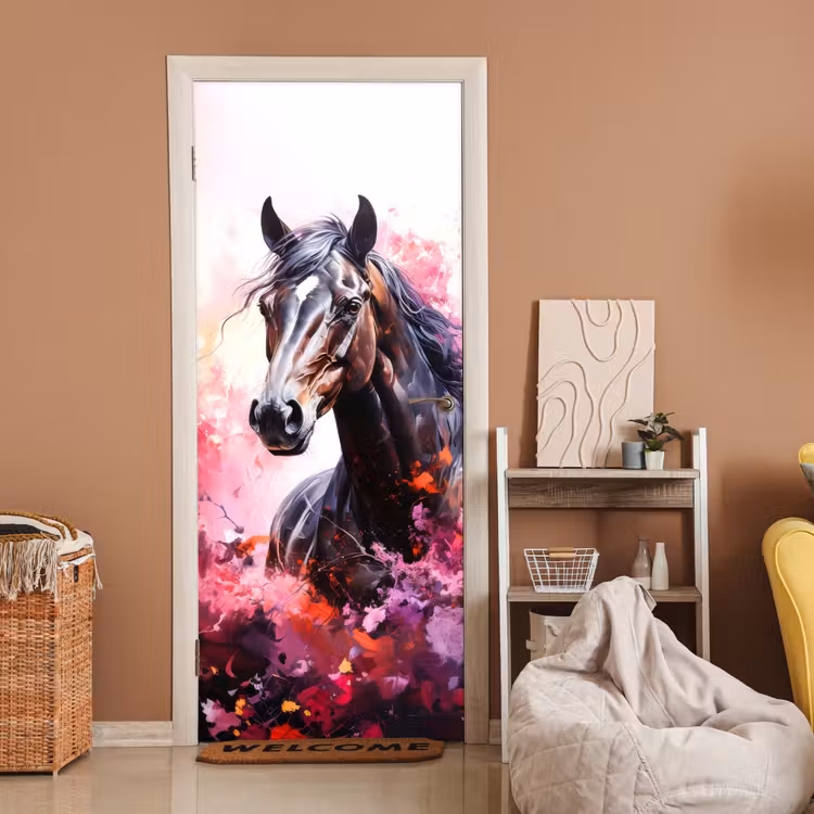 Paard - Dieren - Meisje - Roze deurposter klein -sfeer1
