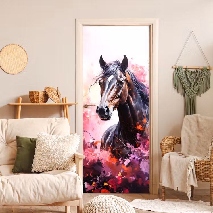 Paard - Dieren - Meisje - Roze deurposter klein -sfeer2