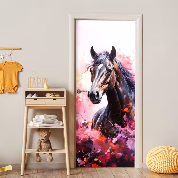 Paard - Dieren - Meisje - Roze deurposter klein -sfeer4