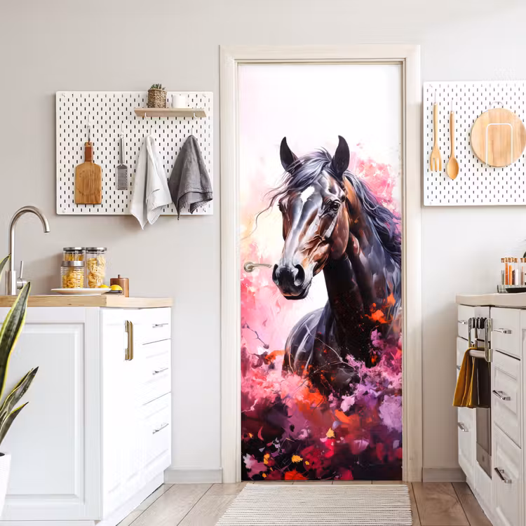 Paard - Dieren - Meisje - Roze deurposter klein -sfeer5