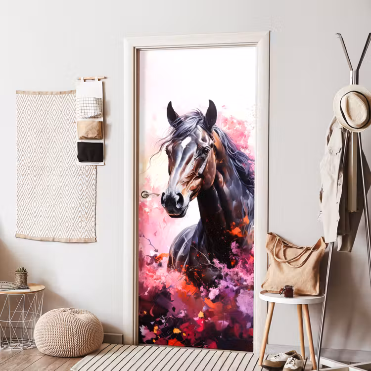 Paard - Dieren - Meisje - Roze deurposter klein -sfeer6