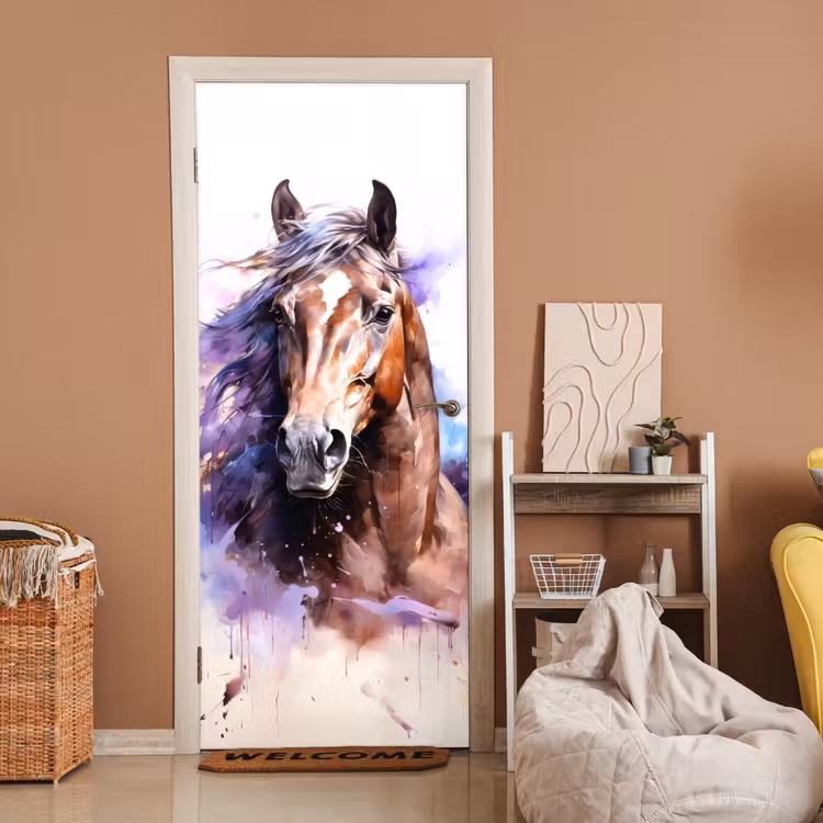 Paard - Dieren - Meisjes - Paars - Bruin deurposter klein -sfeer1