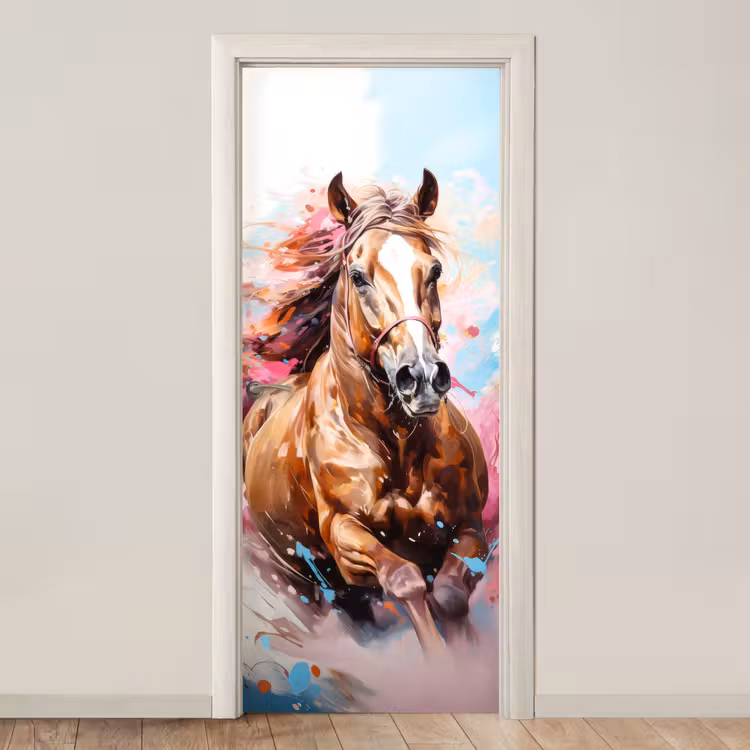 Paard - Meisjes - Blauw - Roze deurposter klein -3d_beige