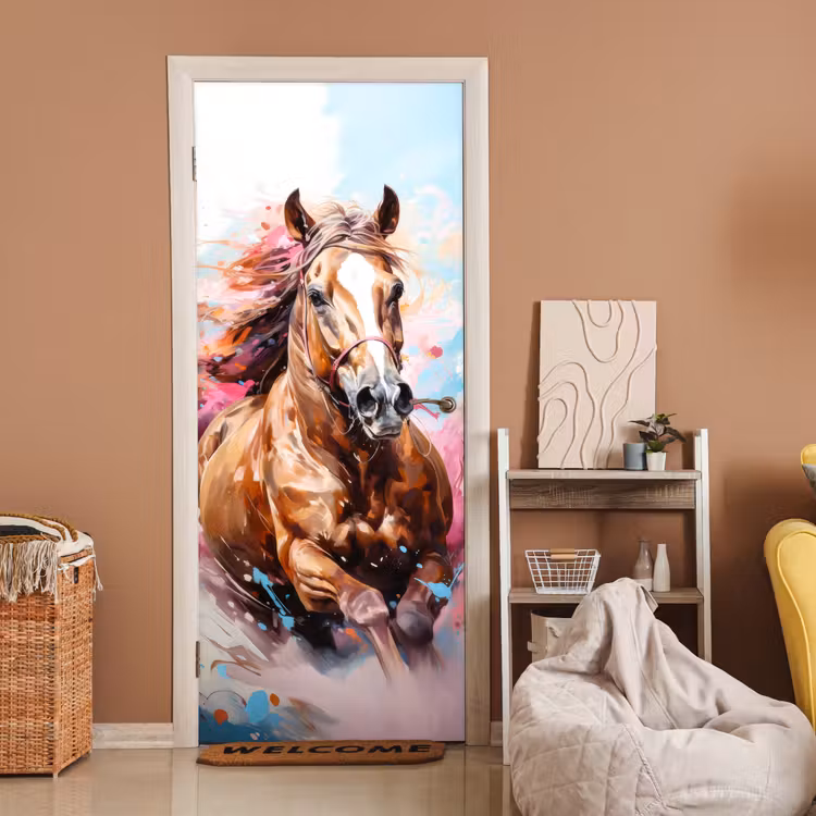Paard - Meisjes - Blauw - Roze deurposter klein -sfeer1