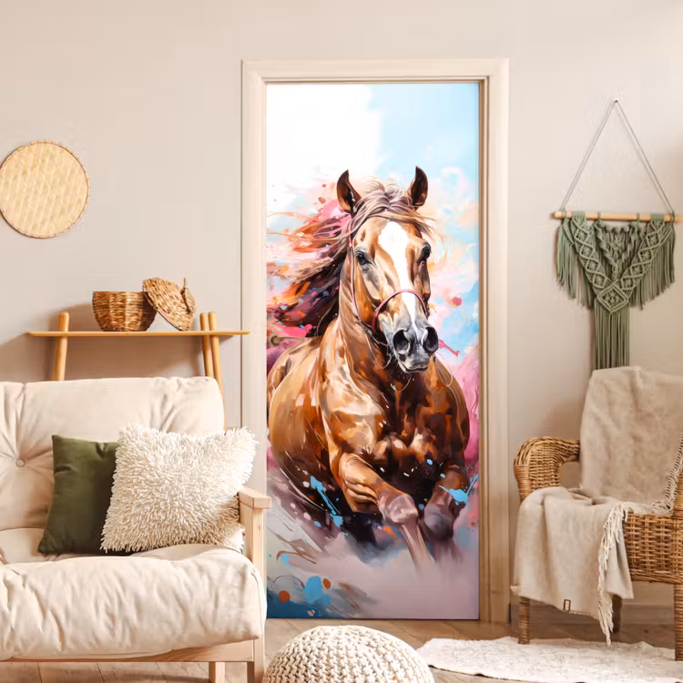 Paard - Meisjes - Blauw - Roze deurposter klein -sfeer2