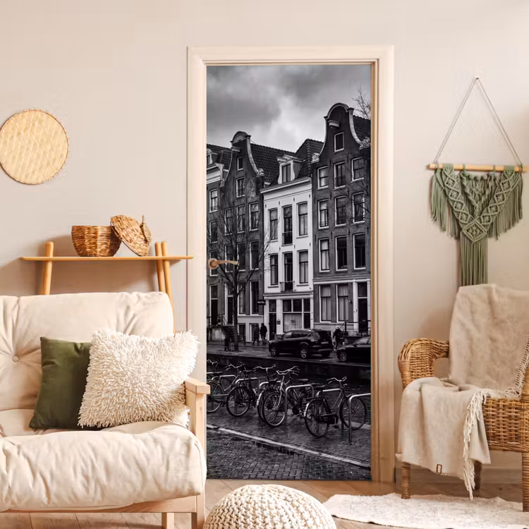 Huis - Gracht - Amsterdam - Architectuur - Zwart-wit deurposter klein -sfeer2