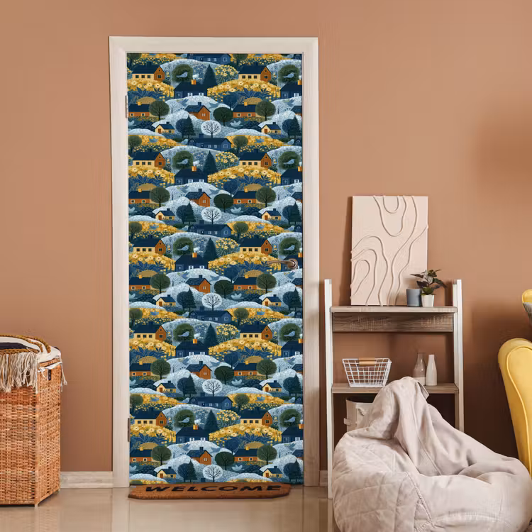 Huisjes - Bloemen - Patroon - Geel - Blauw deurposter klein 289 -sfeer1