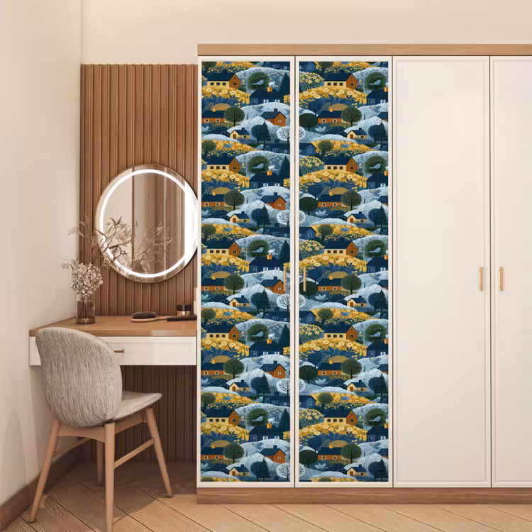 Huisjes - Bloemen - Patroon - Geel - Blauw deurposter klein 289 -sfeer3