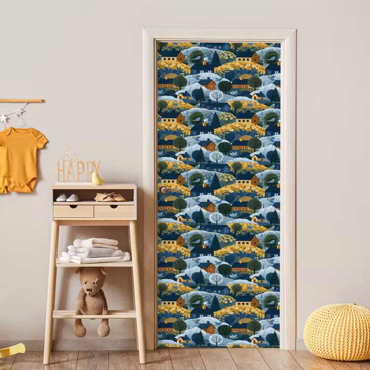 Huisjes - Bloemen - Patroon - Geel - Blauw deurposter klein 289 -sfeer4