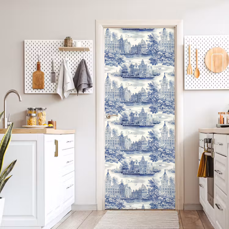 Huizen - Bomen - Water - Vogels - Blauw deurposter klein 289 -sfeer5