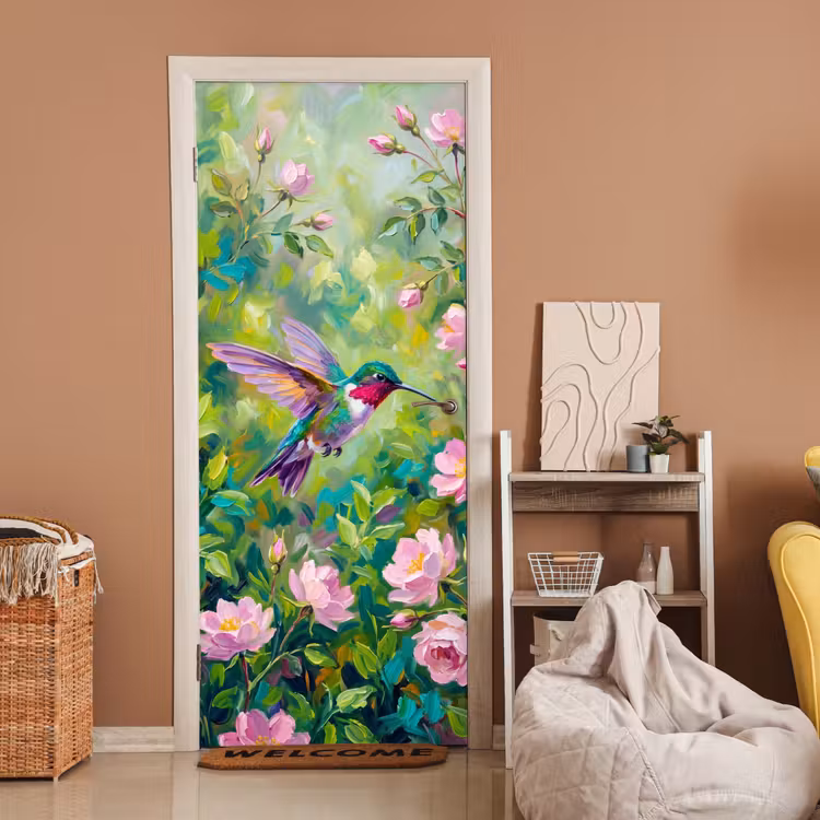 Kolibrie - Bloemen - Natuur - Kleurrijk deurposter klein -sfeer1