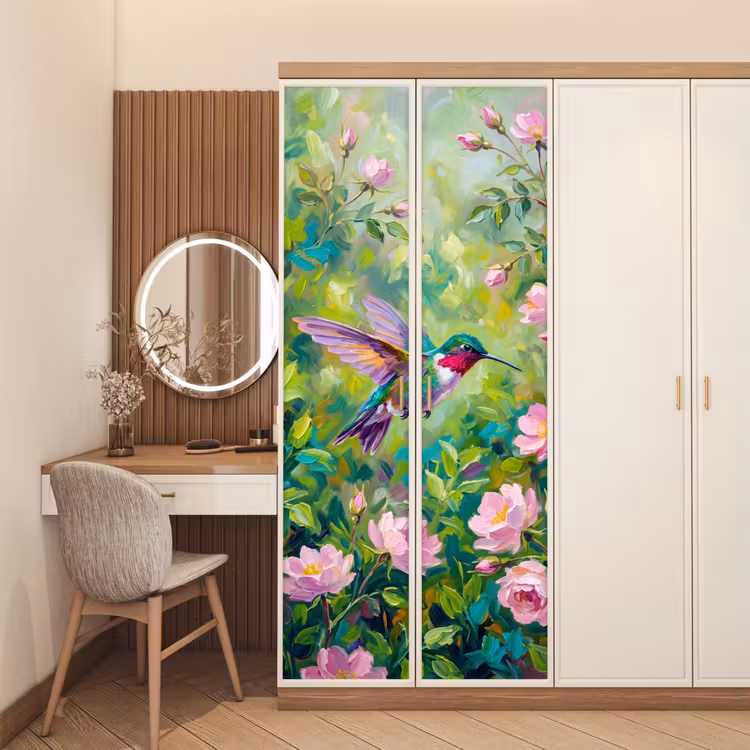 Kolibrie - Bloemen - Natuur - Kleurrijk deurposter klein -sfeer3