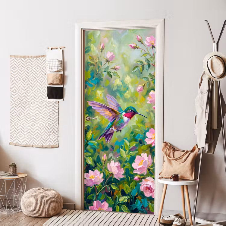 Kolibrie - Bloemen - Natuur - Kleurrijk deurposter klein -sfeer6