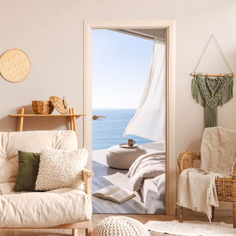 Interieur - Zeezicht - Modern - Rust - Beige deurposter klein -sfeer2