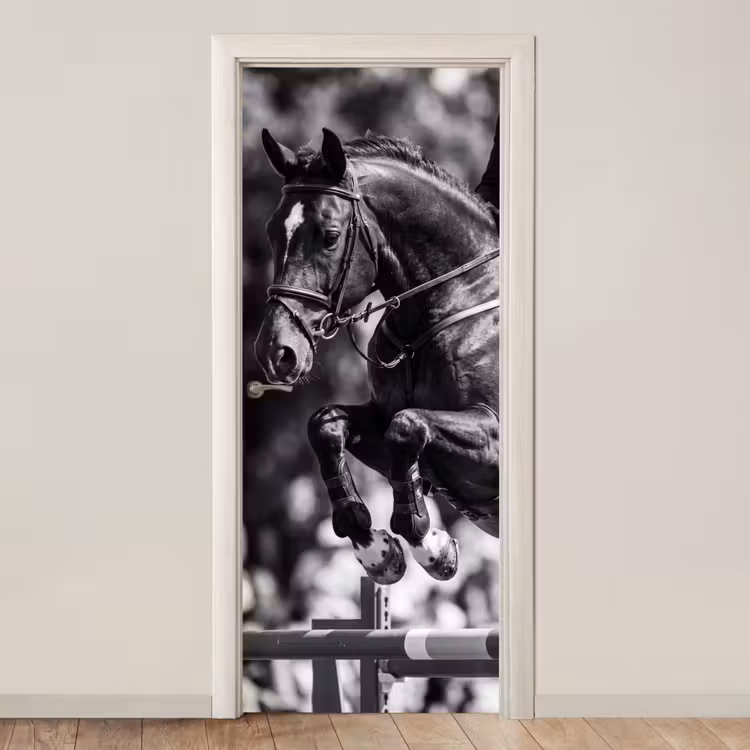 Springen - Paard - Zwart - Wit deurposter klein -3d_beige