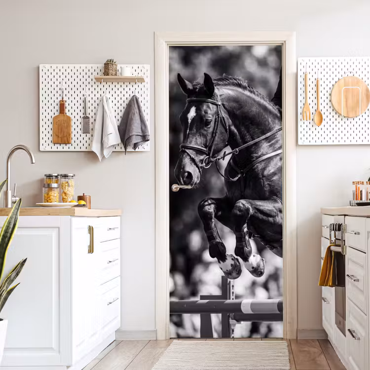 Springen - Paard - Zwart - Wit deurposter klein -sfeer5