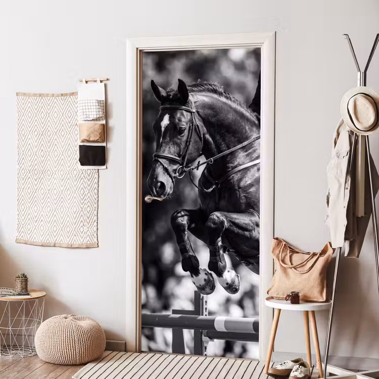 Springen - Paard - Zwart - Wit deurposter klein -sfeer6