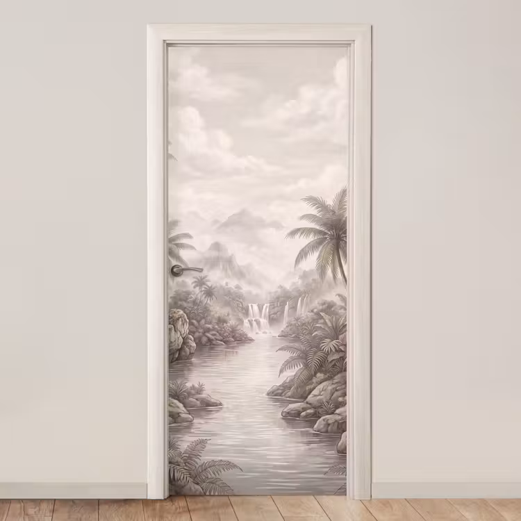 Jungle - Watervallen - Tropisch - Illustratie deurposter klein -3d_beige
