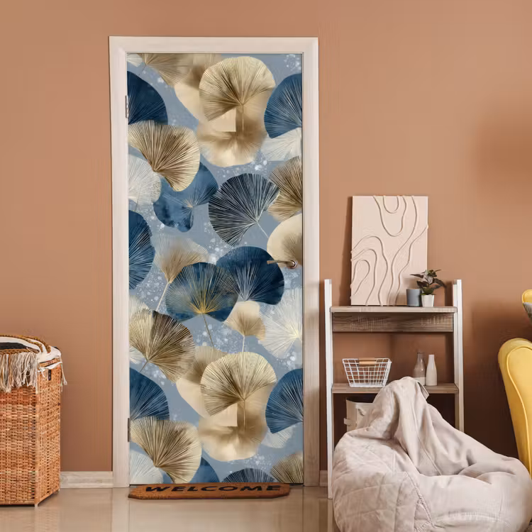 Bladeren - Abstract - Goud - Blauw deurposter klein -sfeer1