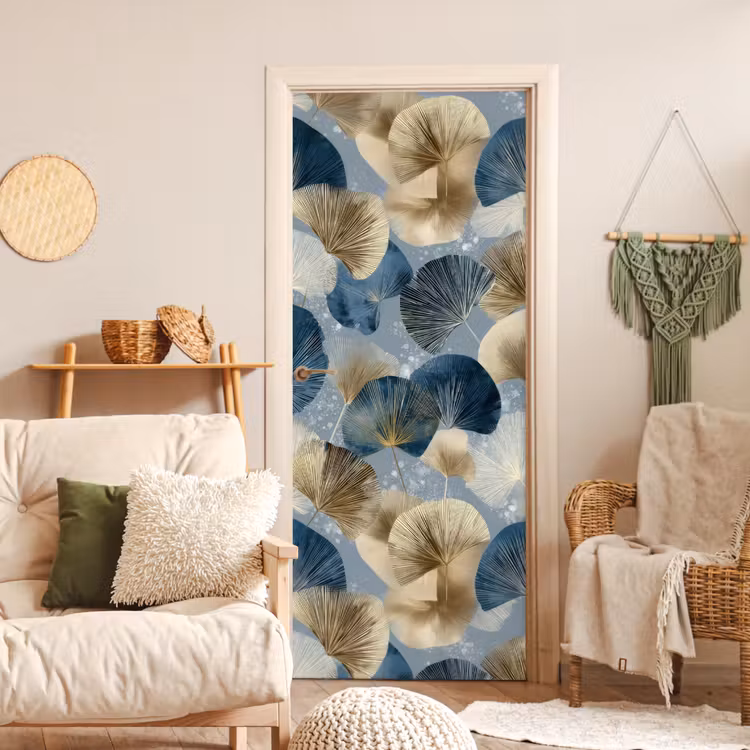 Bladeren - Abstract - Goud - Blauw deurposter klein -sfeer2