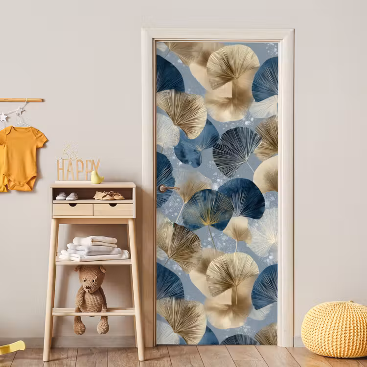 Bladeren - Abstract - Goud - Blauw deurposter klein -sfeer4