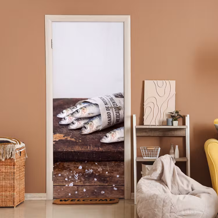 Door sticker - Little Sardine - newspaper - cutting board - Sardientje - krant - snijplank deurposter klein